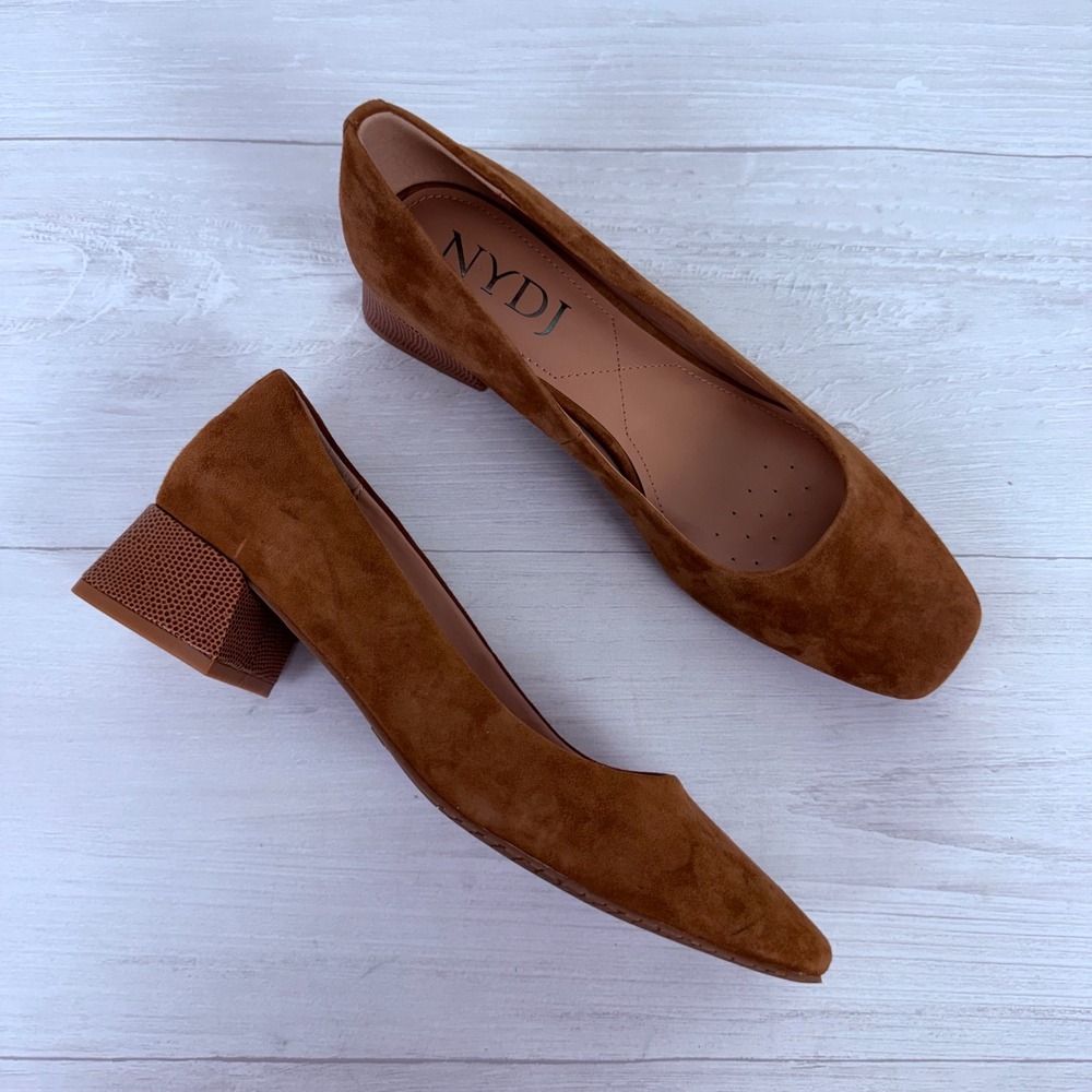 NYDJ Teddie Suede Block Heel Pumps Women 7.5 Brown Leather Square Toe Minimalist - Picture 3 of 14